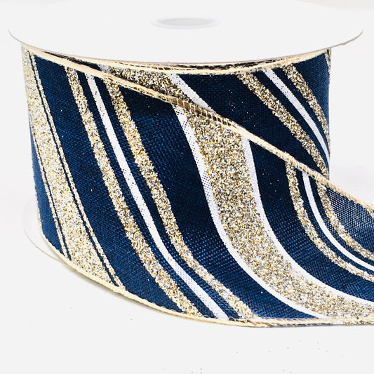 10 Yards - 2.5" Wired Navy Blue, White, and Gold Glitter Stripe Ribbon