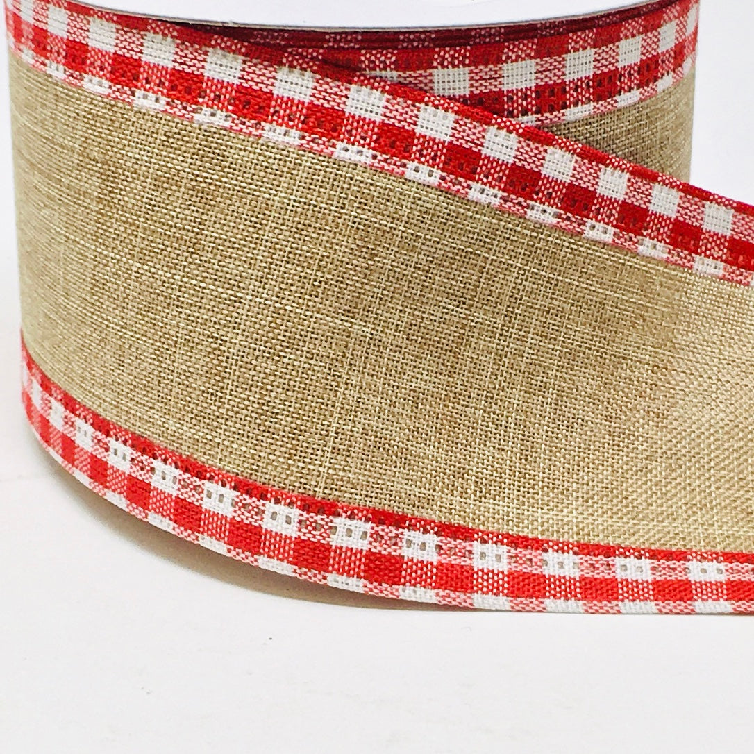 10 Yards - 2.5" Wired Natural Background with Red and White Gingham Edge Ribbon