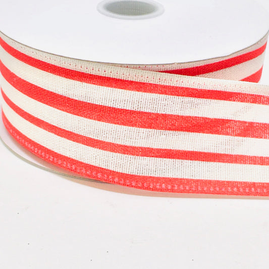 10 Yards - 1.5" Wired Red and Cream Stripe Ribbon