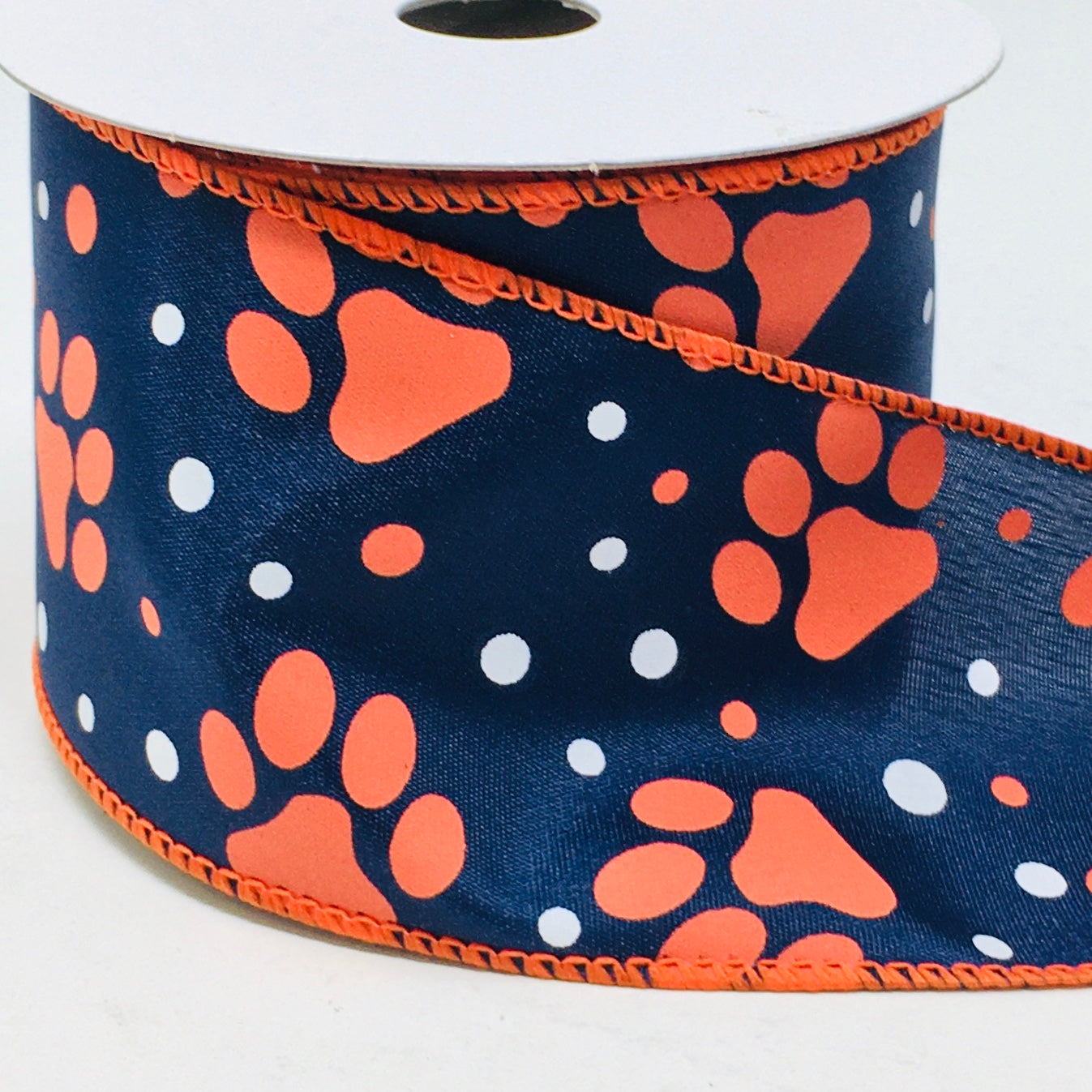 10 Yards - 2.5" Wired Orange, Navy Blue, and White Paw Print Dog Ribbon