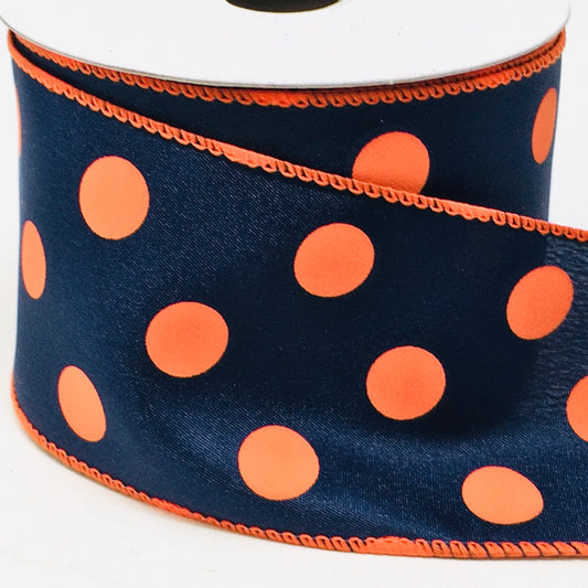 10 Yards - 2.5" Wired Orange and Navy Polka Dot Ribbon