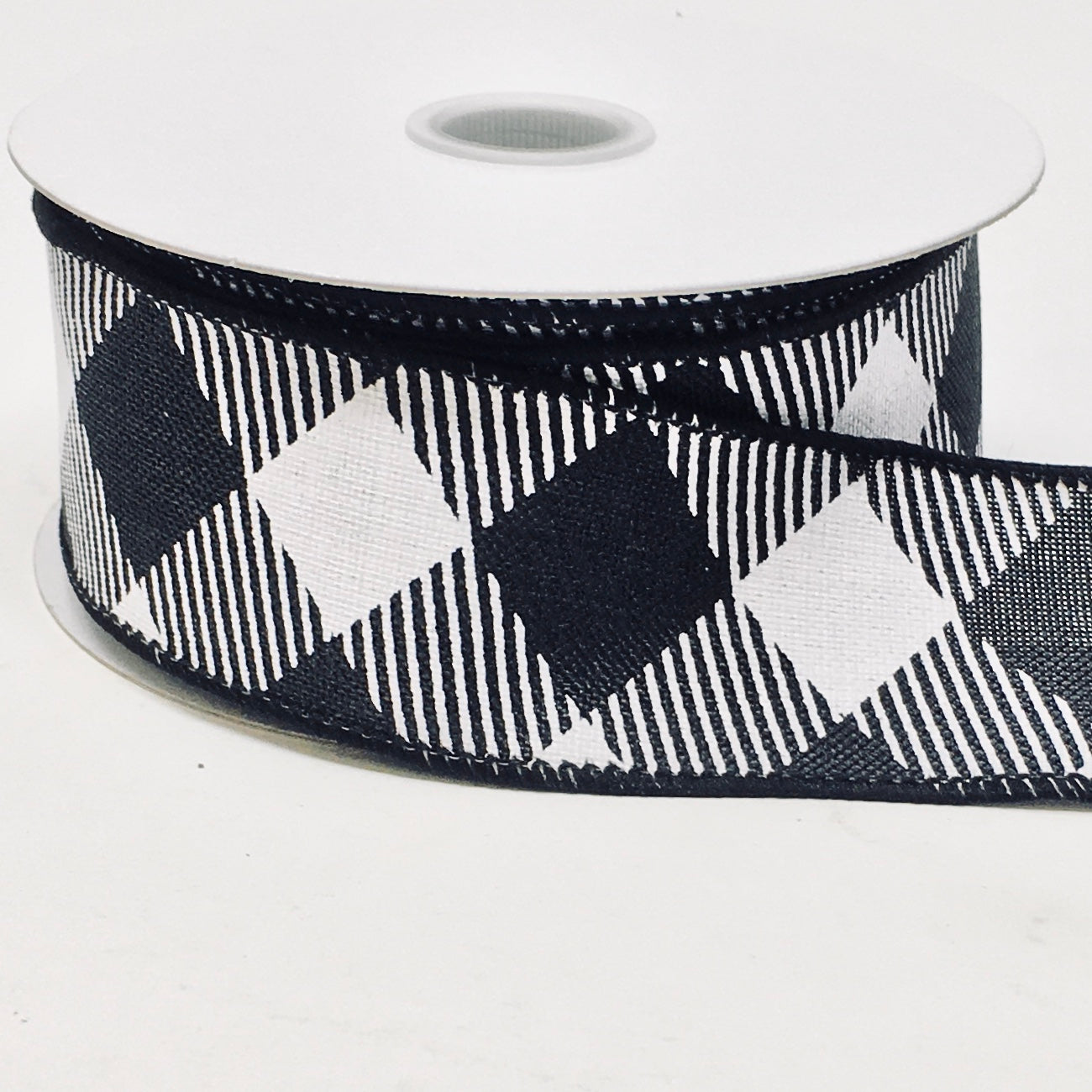 10 Yards - 1.5" Wired Black and White Diagonal Check Ribbon