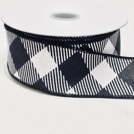 10 Yards - 1.5" Wired Black and White Diagonal Check Ribbon