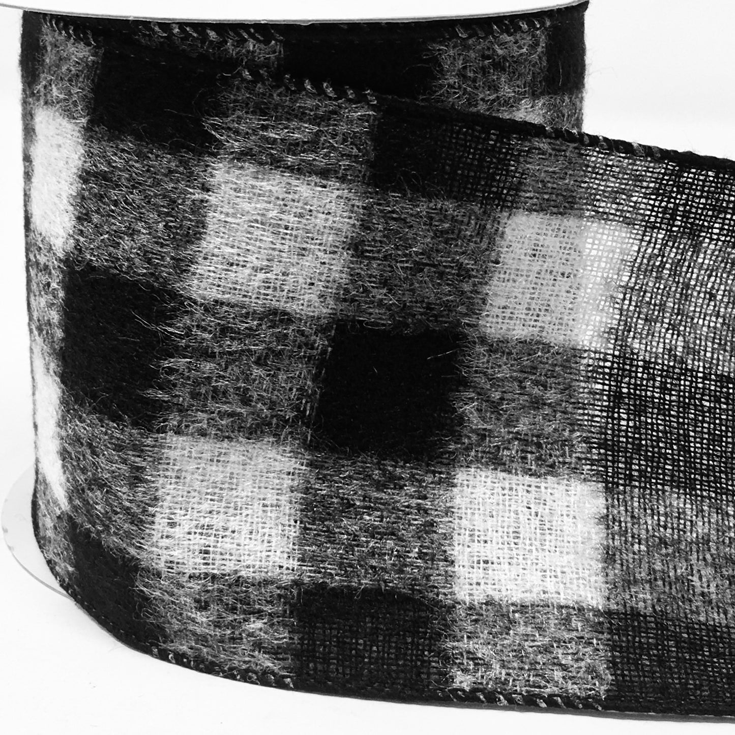 10 Yards - 4” Wired Black and White Check Fleece Ribbon