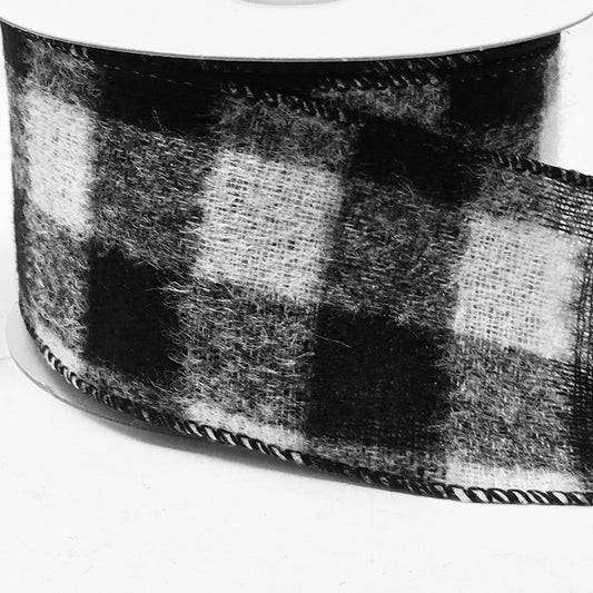 10 Yards - 2.5" Wired Black and White Check Fleece Ribbon