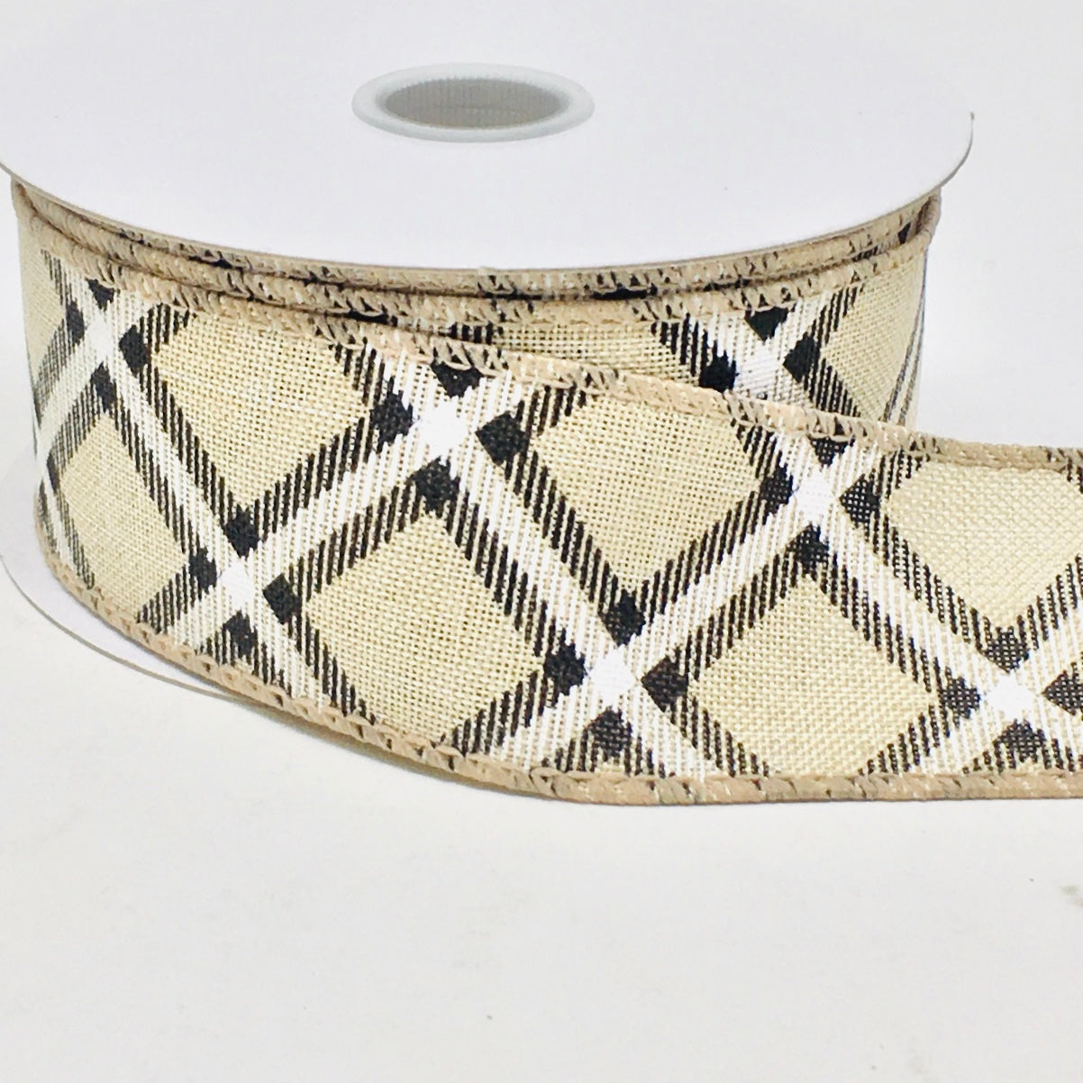 10 Yards - 1.5" Wired Natural, White, and Black Cross Check Ribbon