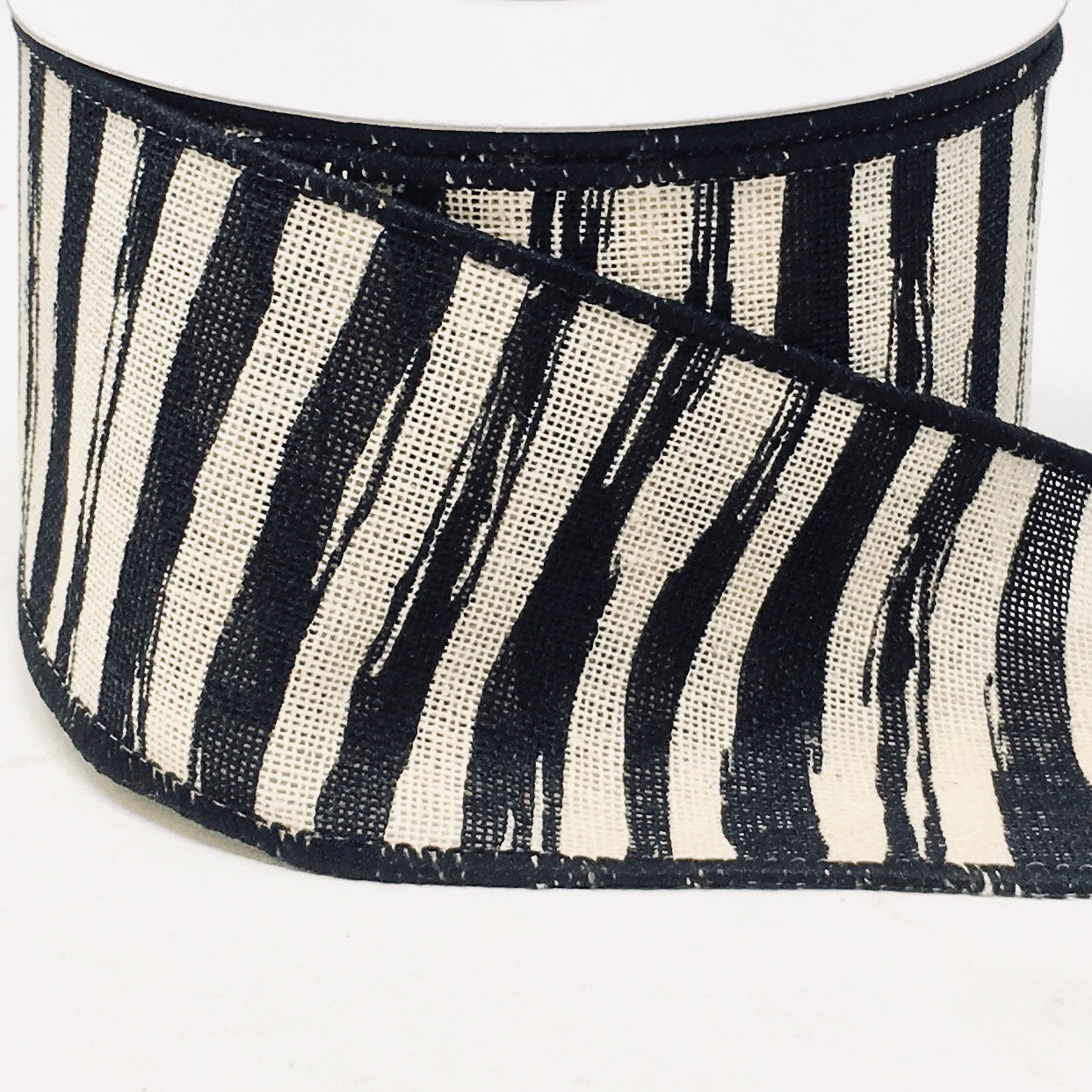 10 Yards - 2.5" Wired Black and Cream Abstract Stripe Ribbon