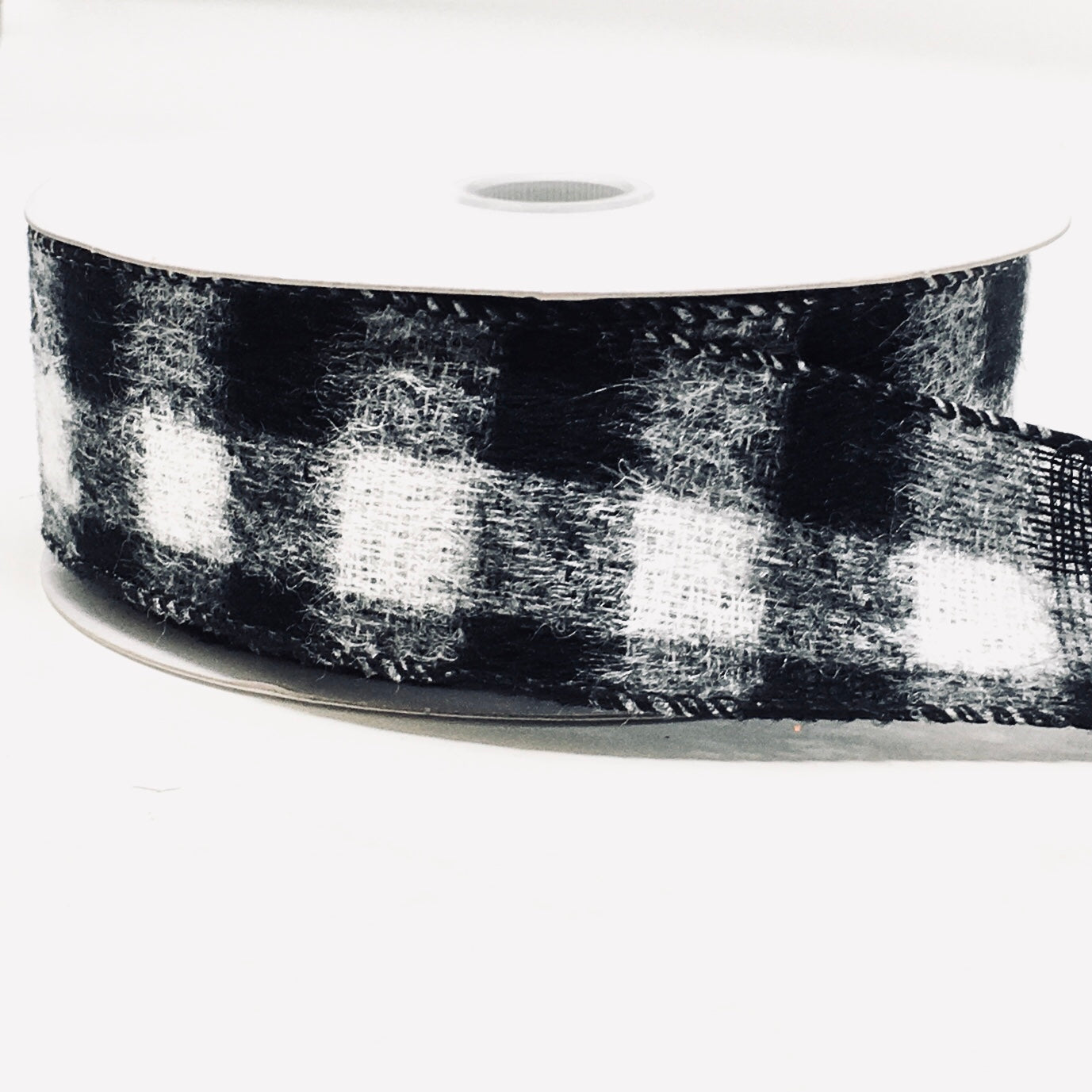 10 Yards - 1.5” Wired Black and White Fuzzy Check Ribbon