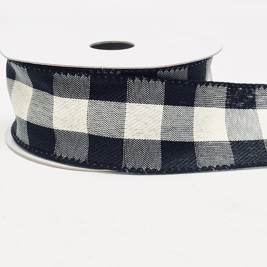 10 Yards - 1.5” Wired Black and Cream Check Ribbon