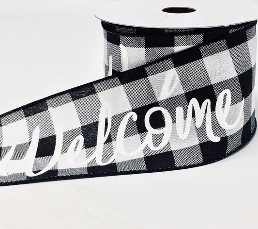 10 Yards - 2.5” Wired Black and White Check Welcome Ribbon