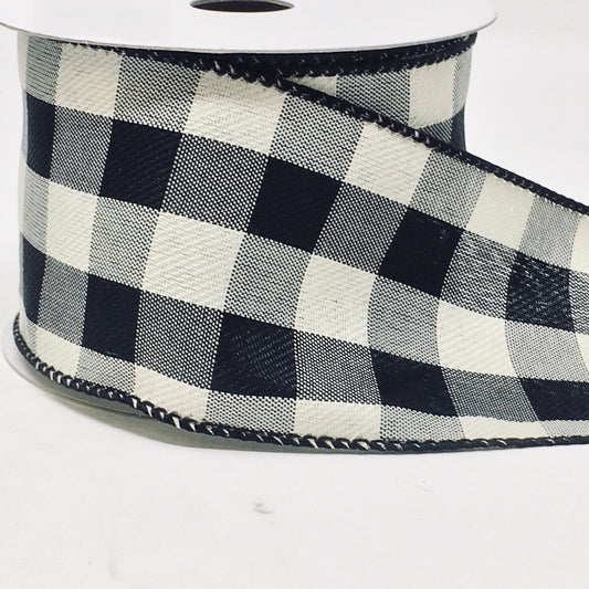 10 Yards - 2.5” Wired Black and Cream Check Ribbon