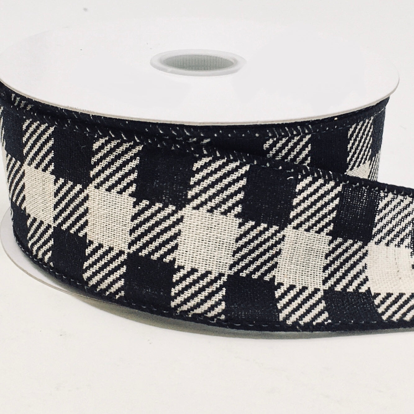 10 Yards - 1.5” Wired Black and Cream Check Ribbon