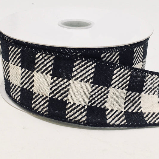 10 Yards - 1.5” Wired Black and Cream Check Ribbon