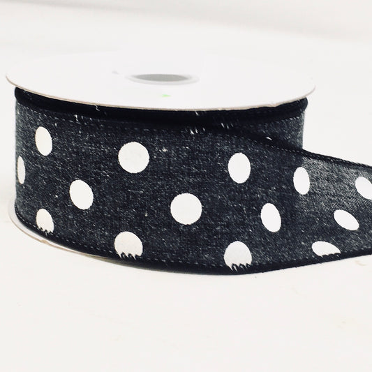 10 Yards - 1.5” Wired Black and White Polka Dot Ribbon