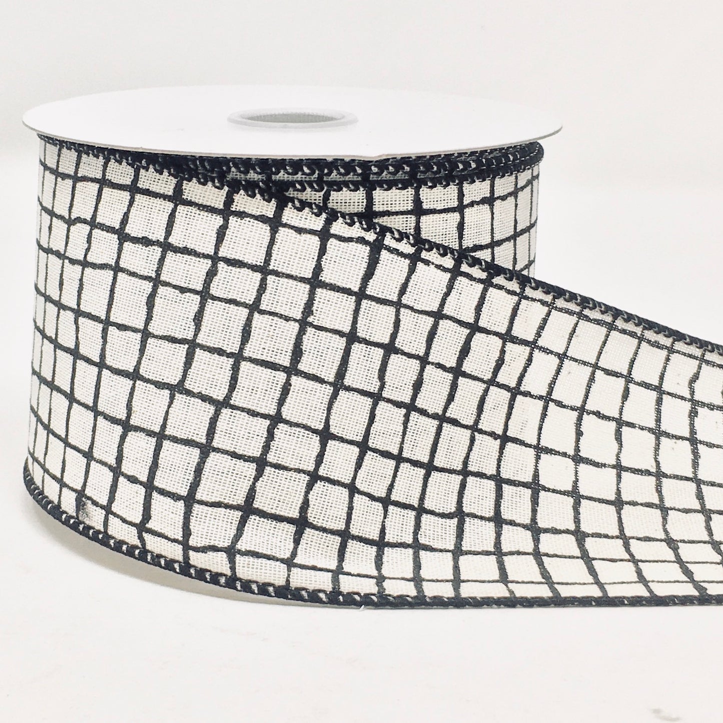 10 Yards - 2.5” Wired Black and Cream Check Ribbon