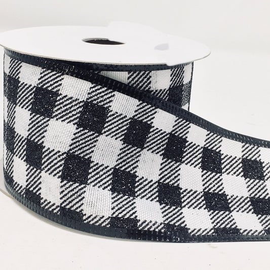 10 Yards - 2.5” Wired Black and White Check Ribbon with Glitter