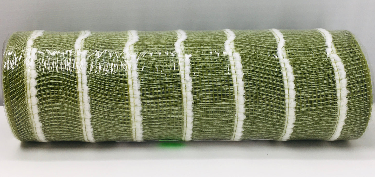 10”x10 Yards - Moss Green and White Fuzz Stripe Deco Mesh