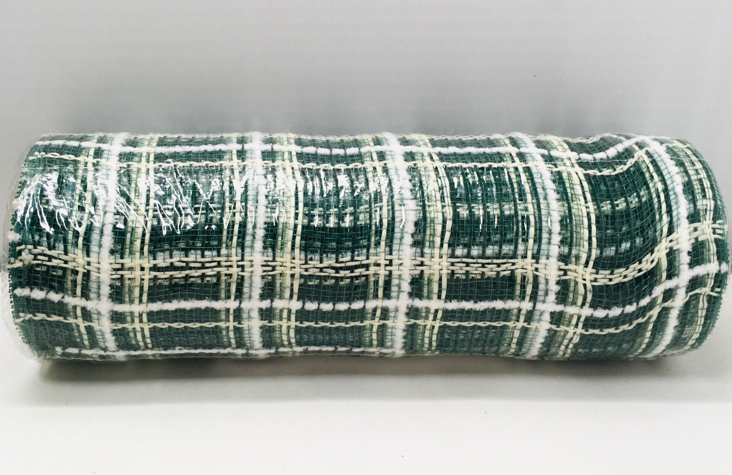 10”x10 Yards - Dark Green, Cream, and White Fuzz Plaid Deco Mesh