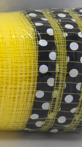 10”x10 Yards Yellow and Black and White Polka Dots Patterned Mesh