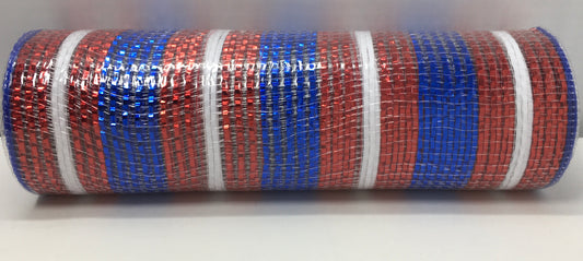 10”x10 Yards - Red, White, and Blue Metallic Stripe Patriotic Mesh