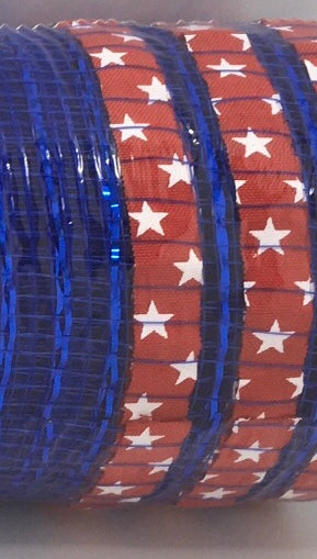 10”x10 Yards - Royal Blue with Red with White Stars Border Stripe Deco Mesh