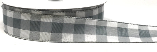 50 Yards - 1.5” Wired Gray and White Check Ribbon