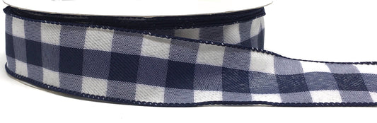 50 Yards - 1.5” Wired Navy Blue and White Check Ribbon