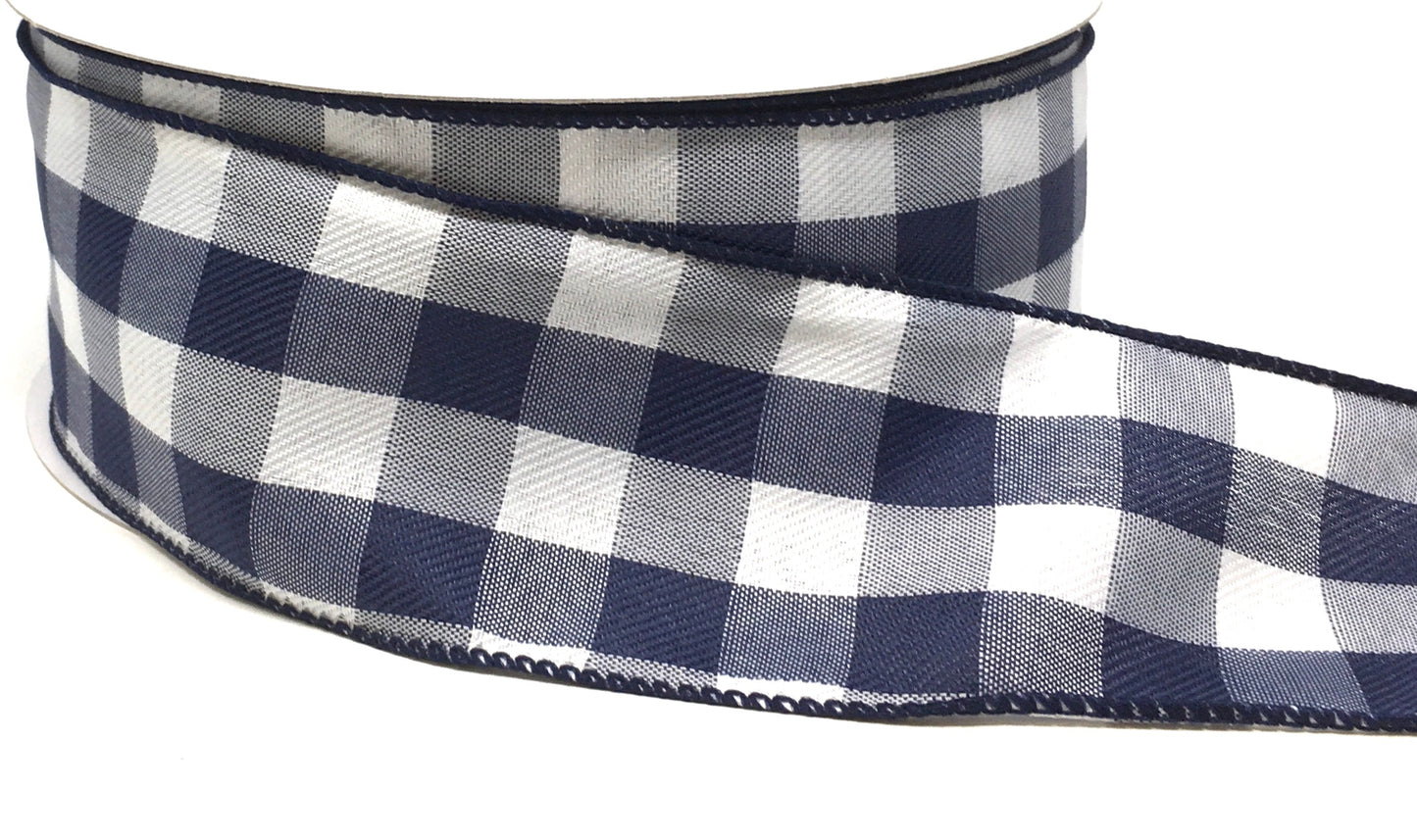 50 Yards - 2.5” Wired Navy Blue and White Check Ribbon