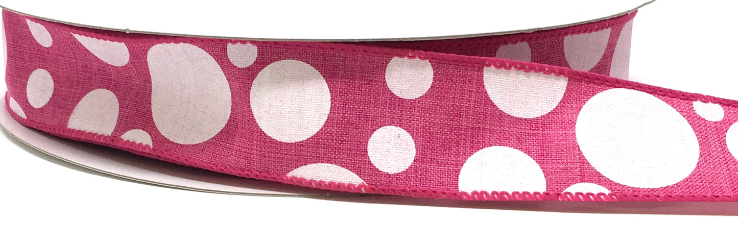 50 Yards - 1.5” Wired Fuschia Pink and White Polka Dot Ribbon