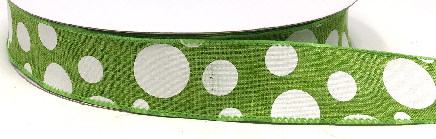 50 Yards - 1.5” Wired Lime Green and White Polka Dot Ribbon