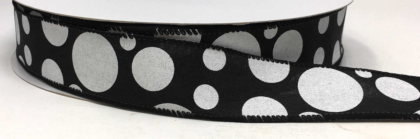 50 Yards - 1.5” Wired Black and White Polka Dot Ribbon