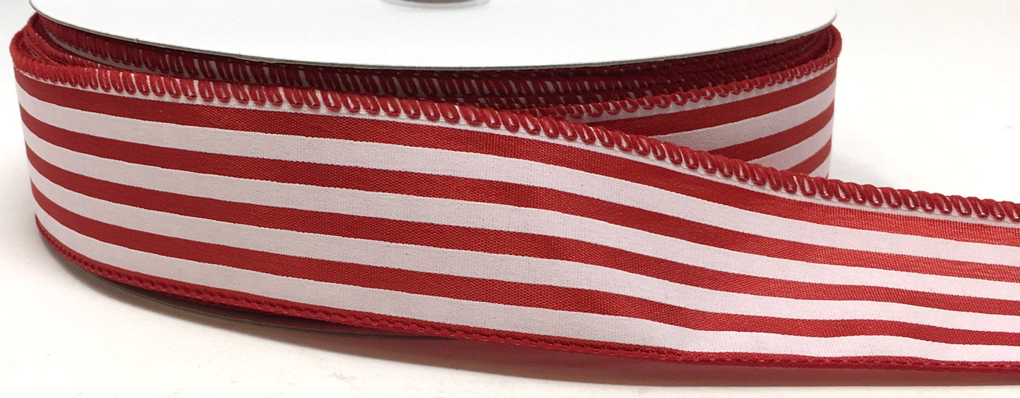 50 Yards - 1.5” Wired Red and White Stripe Satin Ribbon