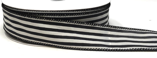 50 Yards - 1.5” Wired Black and White Stripe Satin Ribbon