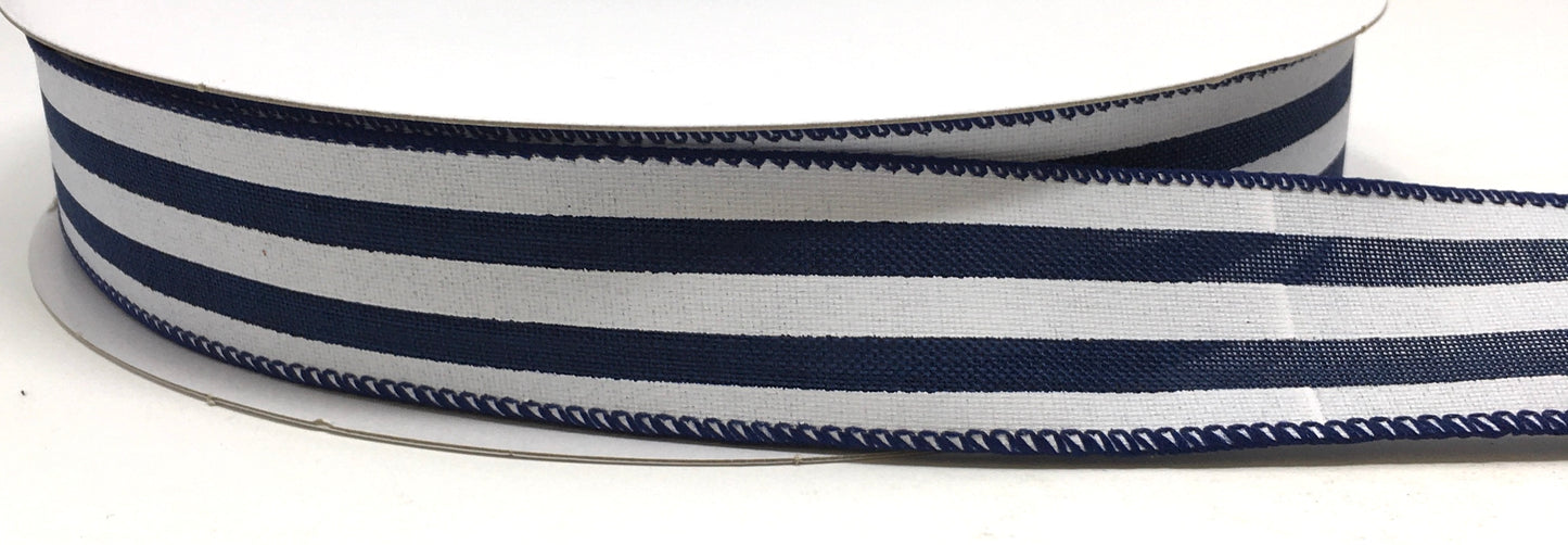 50 Yards - 1.5” Wired Navy and White Stripe Ribbon