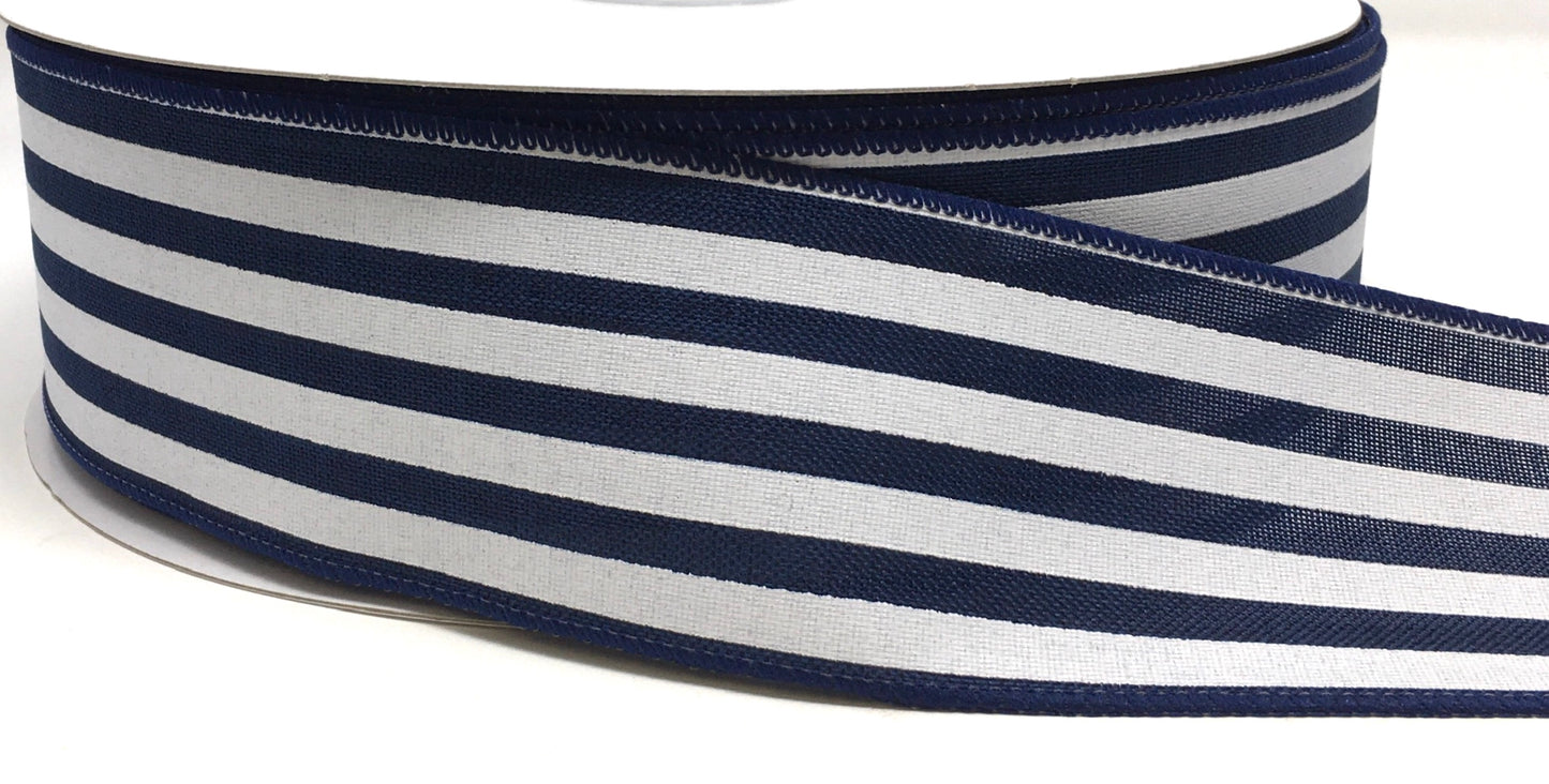 50 Yards - 2.5” Wired Navy and White Stripe Ribbon