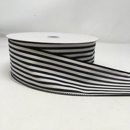 50 Yards - 2.5” Wired Black and White Stripe Satin Ribbon