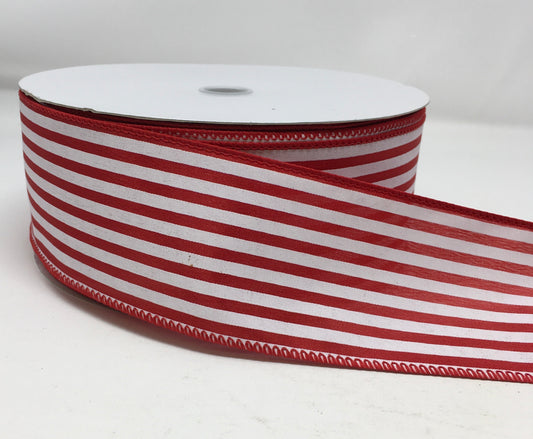 50 Yards - 2.5” Wired Red and White Stripe Satin Ribbon