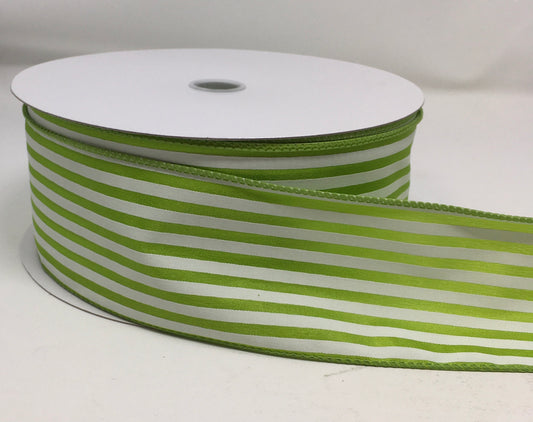 50 Yards - 2.5” Wired Lime Green and White Stripe Ribbon