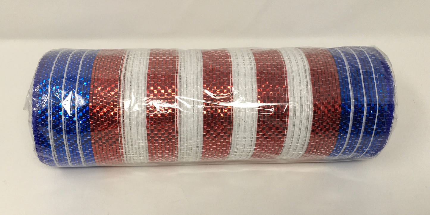 10”x10 Yards - Red, White, and Blue Patriotic Poly Jute Metallic Mesh