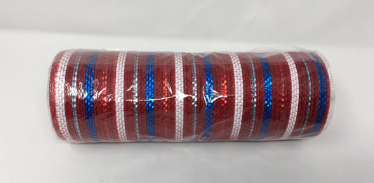 10”x10 Yards - Red, White, and Blue Stripe Poly Jute Metallic Mesh