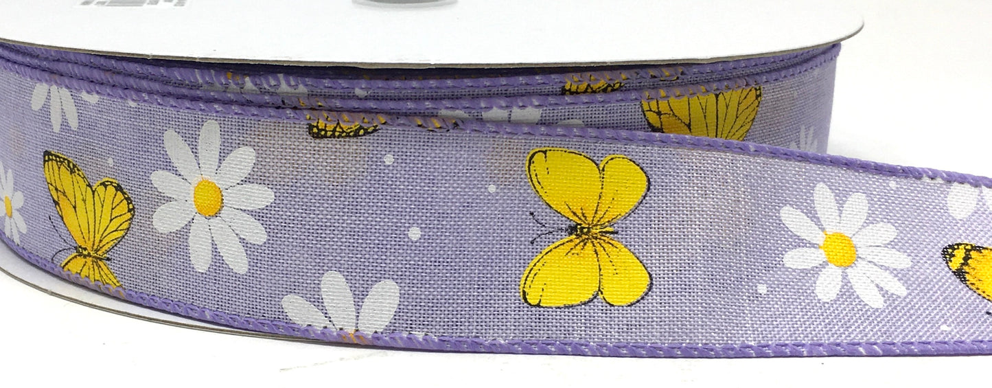 50 Yards - 1.5” Wired Lavender Butterfly Daisy Ribbon