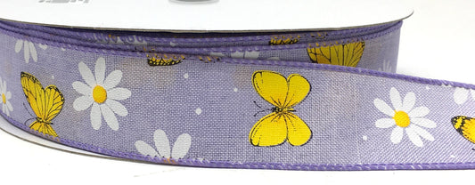 50 Yards - 1.5” Wired Lavender Butterfly Daisy Ribbon