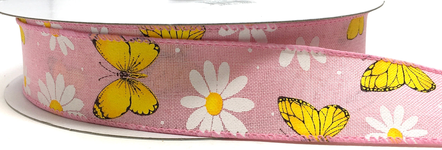 50 Yards - 1.5” Wired Light Pink Butterfly Daisy Ribbon