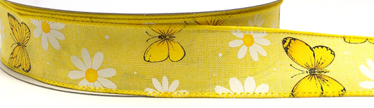 50 Yards - 1.5” Wired Yellow Butterfly Daisy Ribbon