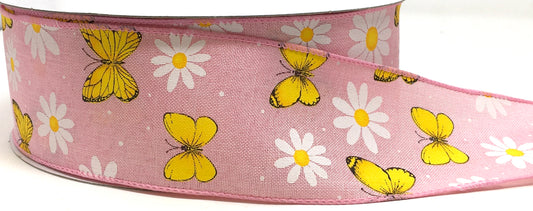 50 Yards - 2.5” Wired Light Pink Butterfly Daisy Ribbon