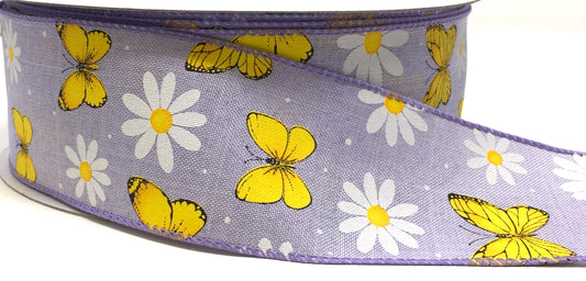 50 Yards - 2.5” Wired Lavender Butterfly Daisy Ribbon