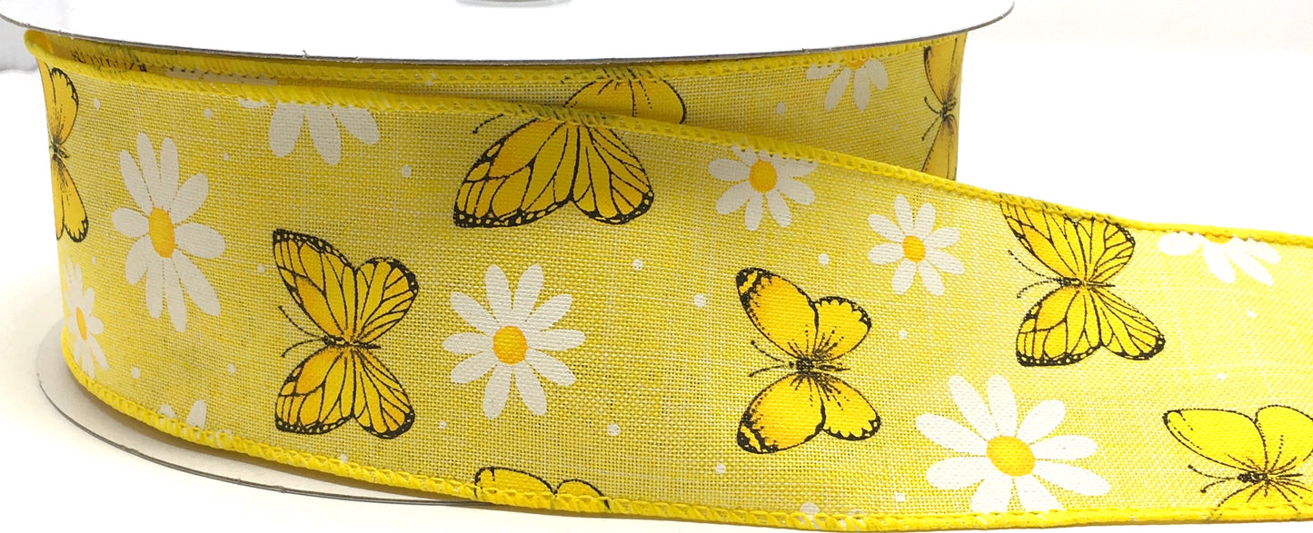 50 Yards - 2.5” Wired Yellow Butterfly Daisy Ribbon