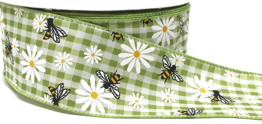 50 Yards - 2.5” Wired Lime Green and White Gingham Bumblebee Daisy Ribbon