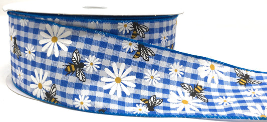 50 Yards - 2.5” Wired Blue and White Gingham Check Bumblebee Daisy Ribbon