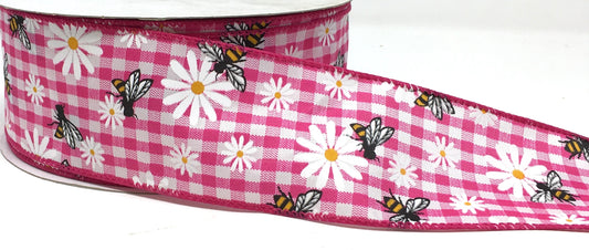 50 Yards - 2.5” Wired Fuschia and White Gingham Check Bumblebee Daisy Ribbon